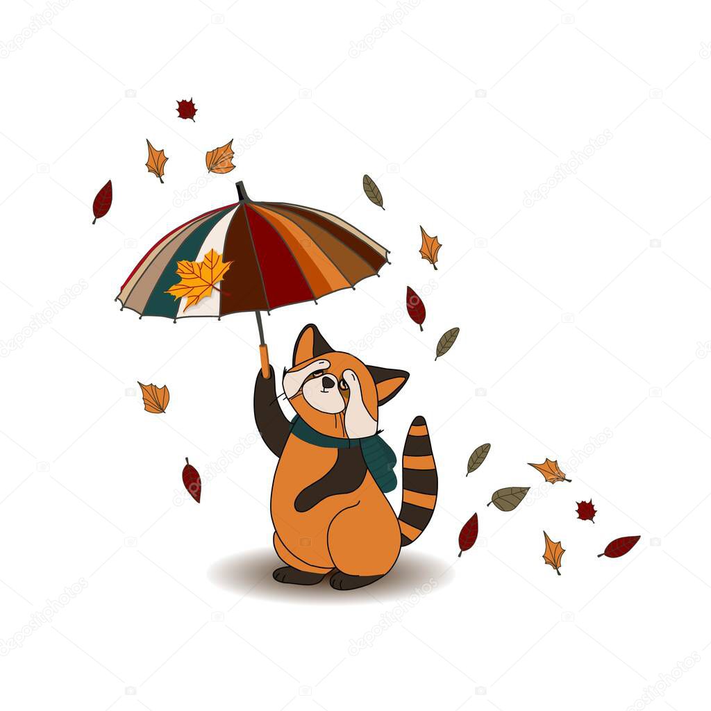 Autumn composition isolated on white background. Autumn sticker. cute animal. Red panda.