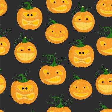 Korkunç yüzleri ve balkabakları olan kusursuz bir desen. Cadılar Bayramı için arka plan. Azizler Günü ziyafeti