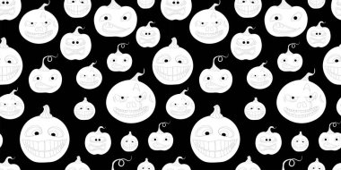 Korkunç yüzleri ve balkabakları olan kusursuz bir desen. Cadılar Bayramı için arka plan. Azizler Günü ziyafeti