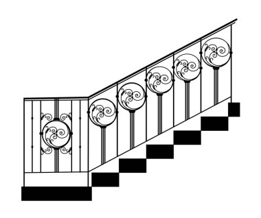 Antika süslemelerle dövülmüş metal elementlerden oluşan SKETCH. Sanatsal sahtecilik el işi kategorisine girer. Beyaz arka planda kıvrıl. Çit, merdiven korkulukları dövülmüş.