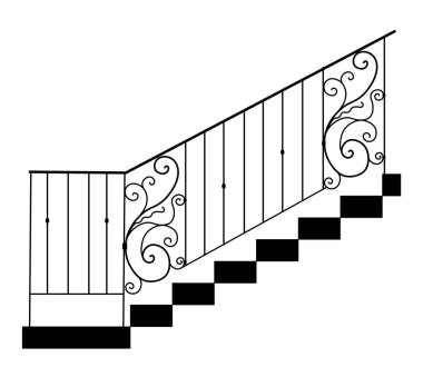 Antika süslemelerle dövülmüş metal elementlerden oluşan SKETCH. Sanatsal sahtecilik el işi kategorisine girer. Beyaz arka planda kıvrıl. Çit, merdiven korkulukları dövülmüş.