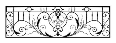 Antika süslemelerle dövülmüş metal elementlerden oluşan SKETCH. Sanatsal sahtecilik el işi kategorisine girer. Beyaz arkaplanda dekoratif kıvrımlı kenarlıklar var. BALKONY.