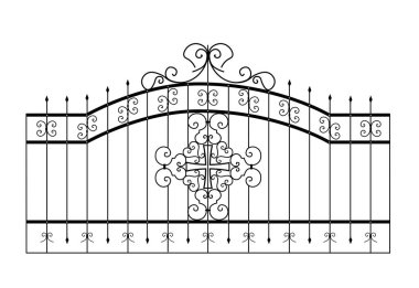 Antika süslemelerle dövülmüş metal elementlerden oluşan SKETCH. Sanatsal sahtecilik el işi kategorisine girer. Beyaz arka planda kıvrıl. Çit, sahte eskrim.