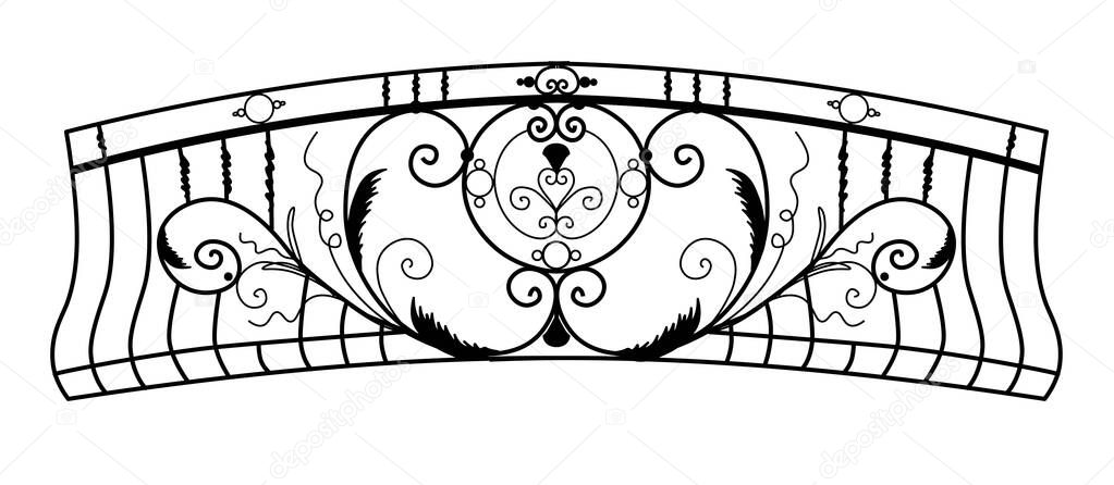 SKETCH of forged metal elements with antique ornaments. Artistic forging belongs to the category of handwork. set of decorative curl borders on white background. BALCONY.