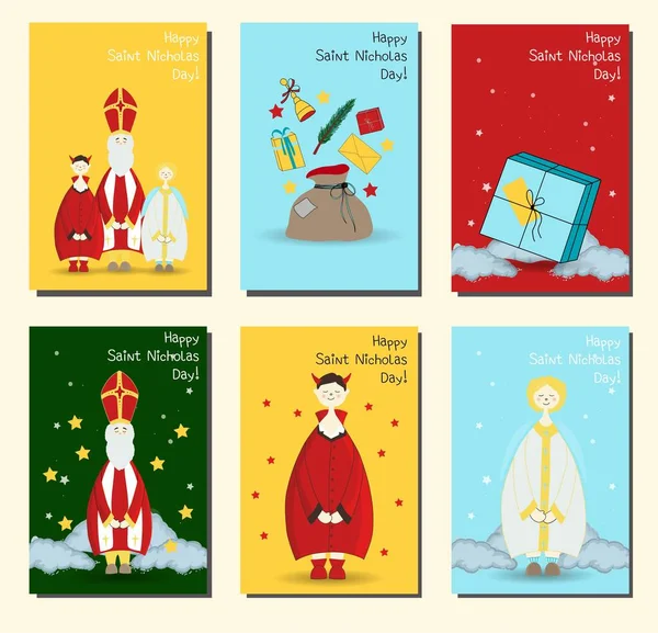 Saint Nicholas Christian Holiday Set Posters Banners Postcards Set Happy — Stock Vector