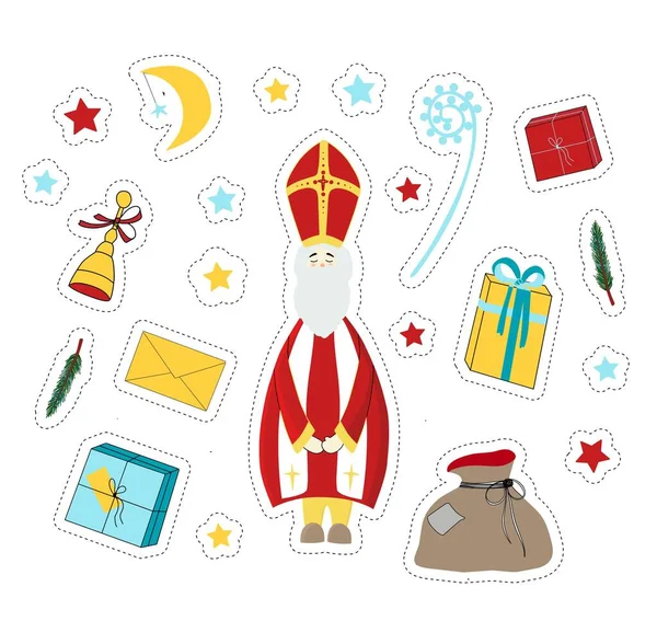 Sint Nicolaas Stickers Van Sint Nicolaas Dag Elementen Voor Vakantie — Stockvector