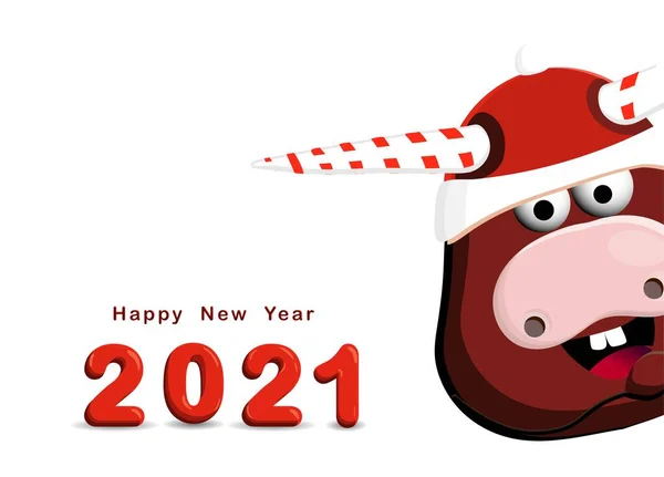 Year of the bull. 2021. New year greeting card, poster. Happy New Year. Funny bull character on a white background.
