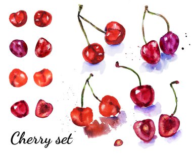 olgun kiraz suluboya çizimler beyaz ayarlanmış