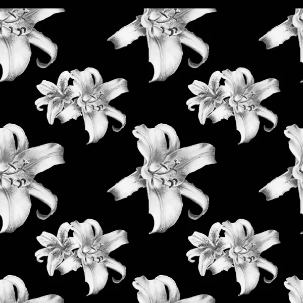 Black White Lilies Seamless Background Pattern — Stock Photo, Image