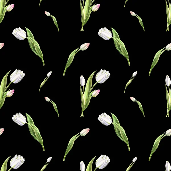 Fehér Tulipán Zökkenőmentes Minta Illusztráció — Stock Fotó