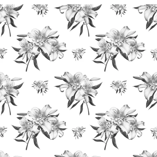 Black White Lilies Seamless Background Pattern — Stock Photo, Image