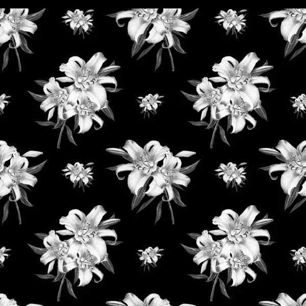 Black White Lilies Seamless Background Pattern — Stock Photo, Image