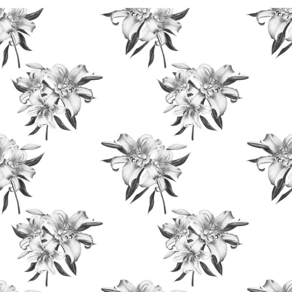 black and white lilies seamless background pattern