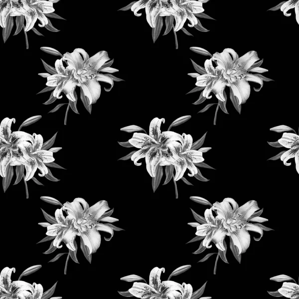 Black White Lilies Seamless Background Pattern — Stock Photo, Image