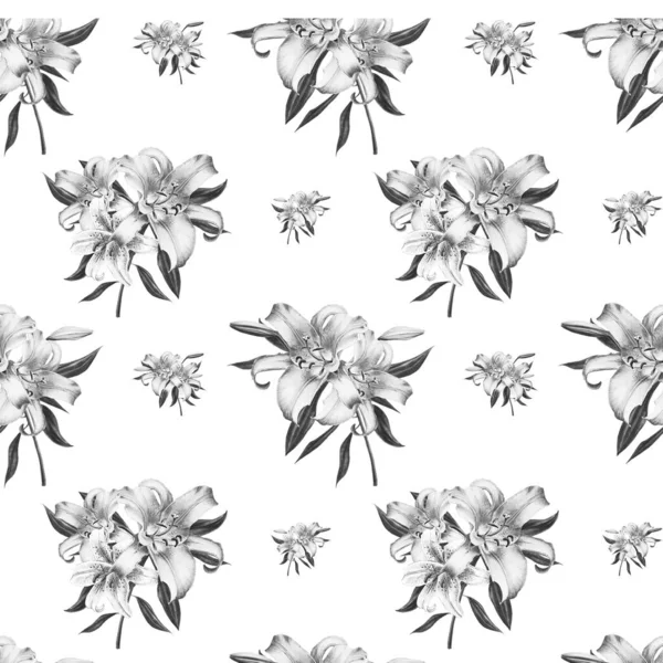 Black White Lilies Seamless Background Pattern — Stock Photo, Image