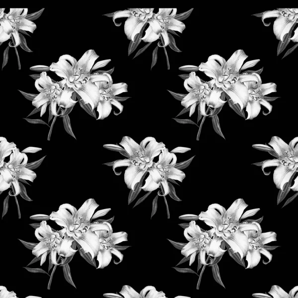 Black White Lilies Seamless Background Pattern — Stock Photo, Image