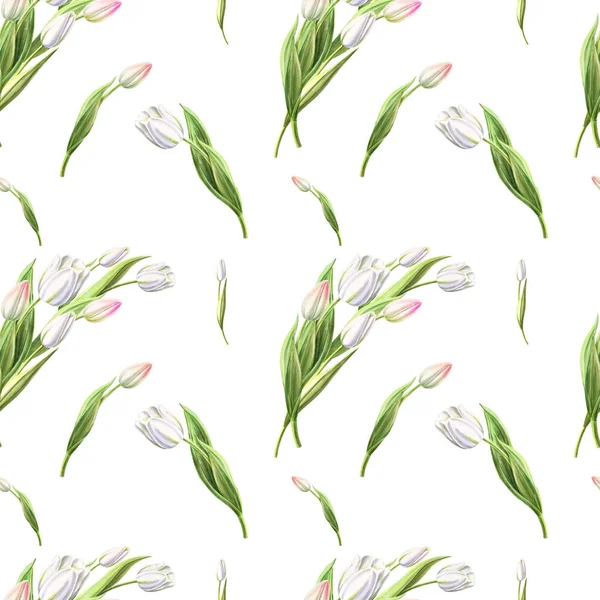 Fehér Tulipán Zökkenőmentes Minta Illusztráció — Stock Fotó