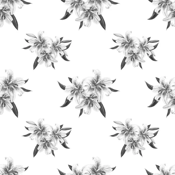 Black White Lilies Seamless Background Pattern — Stock Photo, Image