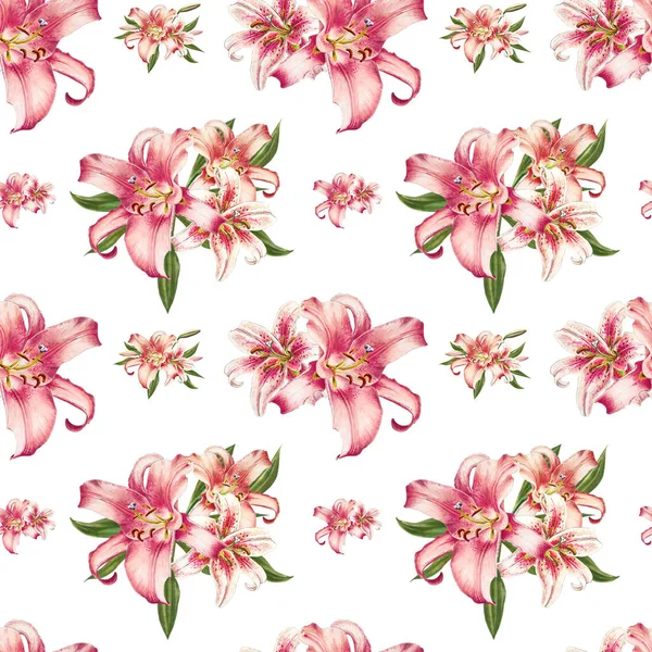 Różowe Lilie Bez Szwu Wzór Tła — Zdjęcie stockowe