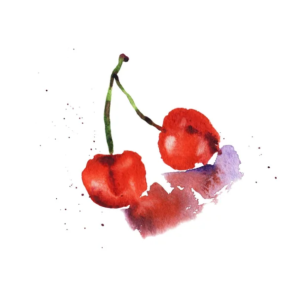 Ripe Cherries Watercolor Illustration White — Stock Photo, Image