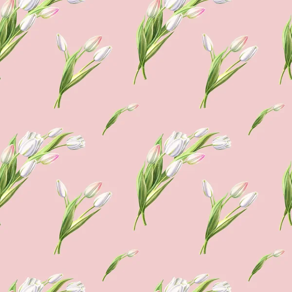 Weiße Tulpen Nahtlose Musterillustration — Stockfoto
