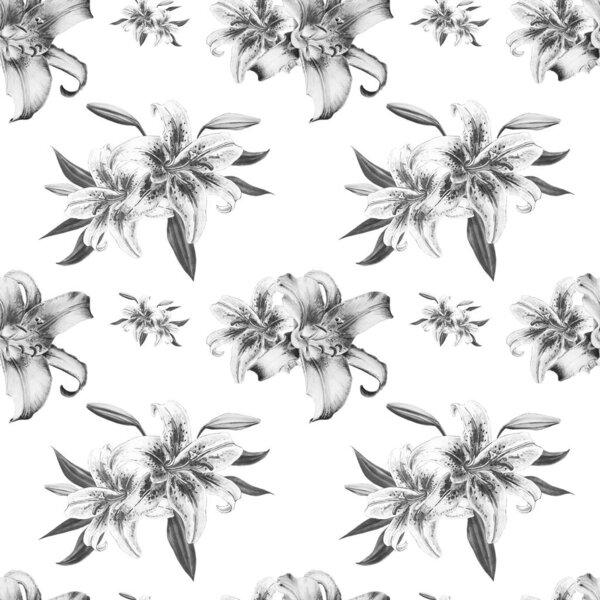 black and white lilies seamless background pattern