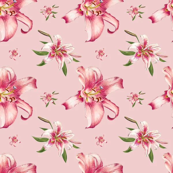 Рожеві Лілії Безшовний Фон Візерунок — стокове фото