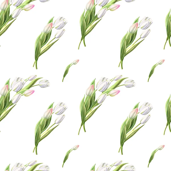 Weiße Tulpen Nahtlose Musterillustration — Stockfoto