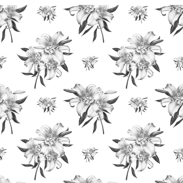 Black White Lilies Seamless Background Pattern — Stock Photo, Image