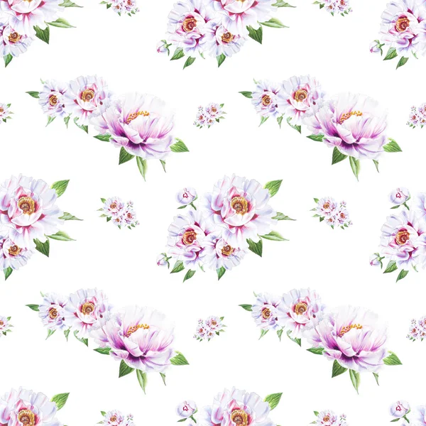 Vit Pion Blommor Sömlös Bakgrund Illustration — Stockfoto