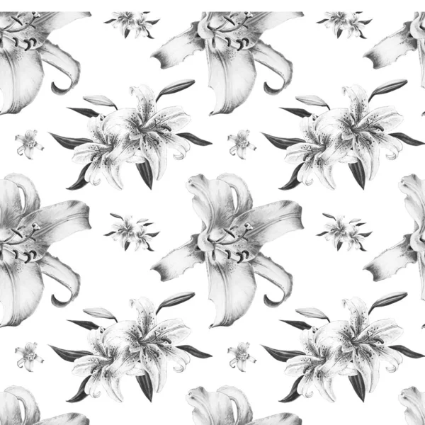 Black White Lilies Seamless Background Pattern — Stock Photo, Image