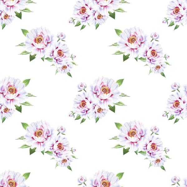 Branco Peônia Flores Sem Costura Fundo Ilustração — Fotografia de Stock