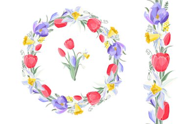 Kırmızı lale, beyaz nergis ve güzel çelenk ile mavi crocuses çiçek dikişsiz fırça Stok vektör çiçek seti. İzole edilmiş ve elle çizilmiş illüstrasyon. Çiçek tasarımı, çiçek arka planı. Şenlikli el çizilmiş desen, bahar çiçekleri.