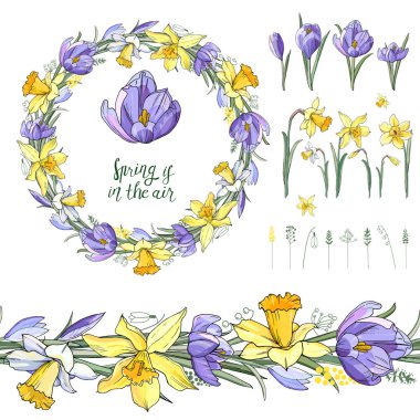 Sarı nergis ve güzel çelenk ile mavi crocuses çiçek fırça Stok vektör çiçek seti. İzole edilmiş ve elle çizilmiş illüstrasyon. Çiçek tasarımı, çiçek arka planı. Şenlikli el çizilmiş desen, bahar çiçekleri. Çiçek koleksiyonu.