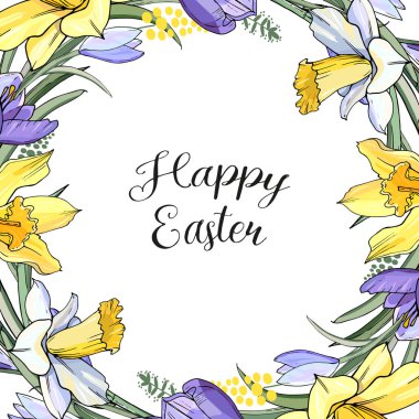 Stok vektör çiçek bahar paskalya tebrik kartı. Beyaz ve sarı nergis ve otlar ile mavi crocuses güzel çiçek çerçeve. İzole edilmiş ve elle çizilmiş illüstrasyon. Çiçek tasarımı, paskalya arka planı. Şenlikli baskı.
