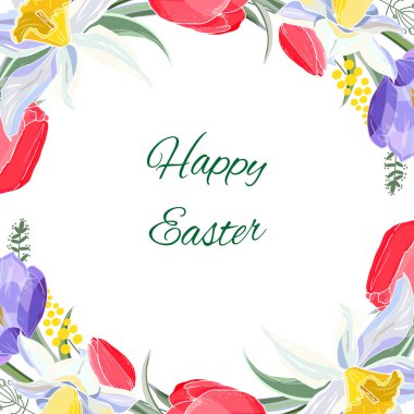Stok vektör çiçek bahar paskalya tebrik kartı. Kırmızı lale, beyaz nergis ve mavi timsahlar güzel çiçek çerçeve. İzole edilmiş ve elle çizilmiş illüstrasyon. Çiçek tasarımı, paskalya arka planı. Şenlikli baskı.
