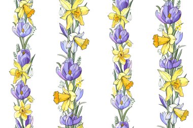 Bahar çiçekleri Stok vektör çiçek dikişsiz doku. Mavi timsahlar ve narsisler sonsuz desen. İzole edilmiş ve elle çizilmiş illüstrasyon. Çiçek tasarımı, çiçek arka planı. Şenlikli el baskı çizilmiş.