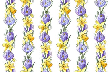 Bahar çiçekleri Stok vektör çiçek dikişsiz doku. Mavi timsahlar ve narsisler sonsuz desen. İzole edilmiş ve elle çizilmiş illüstrasyon. Çiçek tasarımı, çiçek arka planı. Şenlikli el baskı çizilmiş.