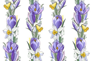 Bahar çiçekleri Stok vektör çiçek dikişsiz doku. Mavi timsahlar ve narsisler sonsuz desen. İzole edilmiş ve elle çizilmiş illüstrasyon. Çiçek tasarımı, çiçek arka planı. Şenlikli el baskı çizilmiş.