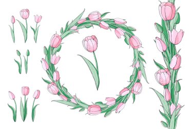Pembe lale ve güzel çelenk Dikişsiz çiçek fırça stok vektör çiçek seti. İzole ve el çizilmiş çizim. Çiçek tasarımı, çiçek zemin. Şenlikli el çizilmiş desen, bahar.