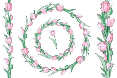 Pembe lale ve güzel çelenk Dikişsiz çiçek fırça stok vektör çiçek seti. İzole ve el çizilmiş çizim. Çiçek tasarımı, çiçek zemin. Şenlikli el çizilmiş desen, bahar.