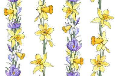 Bahar çiçekleri Stok vektör çiçek dikişsiz doku. Crocuses ve narsisler sonsuz desen. İzole edilmiş ve elle çizilmiş illüstrasyon. Çiçek tasarımı, çiçek arka planı. Şenlikli el baskı çizilmiş.