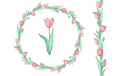 Pembe lale ve güzel çelenk Dikişsiz çiçek fırça stok vektör çiçek seti. İzole ve el çizilmiş çizim. Çiçek tasarımı, çiçek zemin. Şenlikli el çizilmiş desen, bahar.