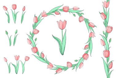 Pembe lale ve güzel çelenk Dikişsiz çiçek fırça stok vektör çiçek seti. İzole ve el çizilmiş çizim. Çiçek tasarımı, çiçek zemin. Şenlikli el çizilmiş desen, bahar.