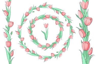 Pembe lale ve güzel çelenk Dikişsiz çiçek fırça stok vektör çiçek seti. İzole ve el çizilmiş çizim. Çiçek tasarımı, çiçek zemin. Şenlikli el çizilmiş desen, bahar.