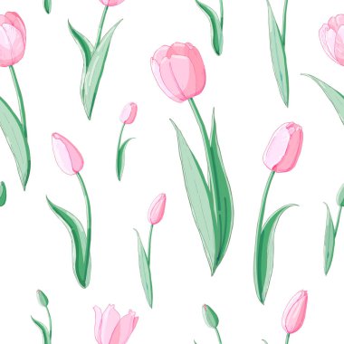 Bahar çiçekler stok vektör çiçek Dikişsiz doku. Sonsuz desen, güzel pembe lale. İzole ve el çizilmiş çizim. Çiçek tasarımı, çiçek zemin. Şenlikli baskı. Düğün, Paskalya.