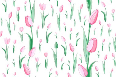 Bahar çiçekler stok vektör çiçek Dikişsiz doku. Sonsuz desen, güzel pembe lale. İzole ve el çizilmiş çizim. Çiçek tasarımı, çiçek zemin. Şenlikli baskı. Düğün, Paskalya.