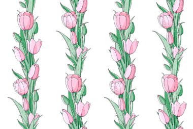 Bahar çiçekleri Stok vektör çiçek dikişsiz doku. Pembe lalelerden sonsuz desen. İzole edilmiş ve elle çizilmiş illüstrasyon. Çiçek tasarımı, çiçek arka planı. Şenlikli el baskı çizilmiş.