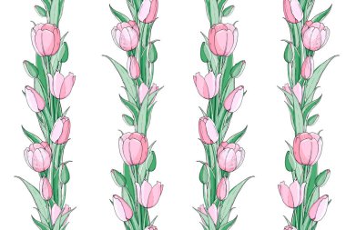 Bahar çiçekleri Stok vektör çiçek dikişsiz doku. Pembe lalelerden sonsuz desen. İzole edilmiş ve elle çizilmiş illüstrasyon. Çiçek tasarımı, çiçek arka planı. Şenlikli el baskı çizilmiş.