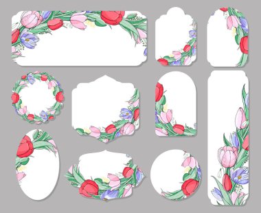 Gri arka planda greting kartları stok vektör çiçek bahar Paskalya seti. Pembe, kırmızı lale ve mavi crocuses. İzole ve el çizilmiş çizim. Çiçek tasarımı, Paskalya arka plan. Doğum günü ve düğün kartları. Şenlikli baskı.